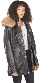 Dames lederen parka jas met capuchon-Putian Zwart - EU 38 / UK 10