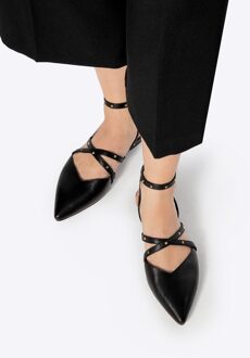 Dames Leren Ballerina's met Metallic Accenten Zwart Natuurlijk Leer