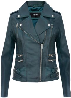 Dames leren blauwgroene Brando bikerjack - Constantia - maat EU 52 / UK 24 Groenblauw