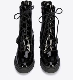 Dames Leren Enkellaarsjes met Gesp op de Hak Zwart Lakleer