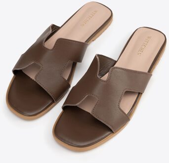 Dames leren H-vormige slippers, donkerbruin, natuurlijk leer Donker Bruin