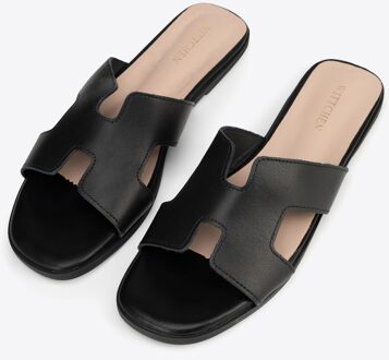 Dames leren H-vormige slippers, zwart, natuurlijk leer