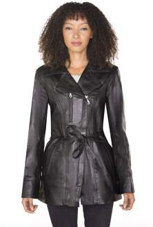 Dames leren lange bikerjack-muscat Zwart - EU 48 / UK 20