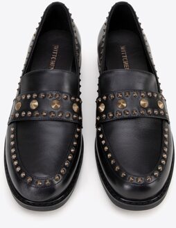 Dames Leren Loafers met Decoratieve Klinknagels Zwart Natuurlijk Leer