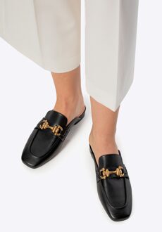 Dames Leren Loafers met Open Hak Zwart Natuurlijk Leer