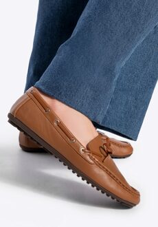 Dames Leren Mocassins met Bandje, Bruin, Natuurlijk Leer