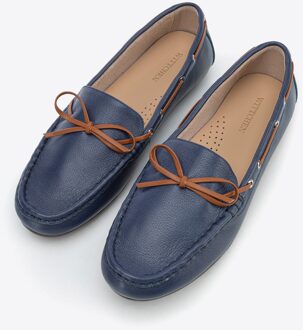 Dames Leren Mocassins met Bandje, Marineblauw en Bruin, Natuurlijk Leer Donkerblauw