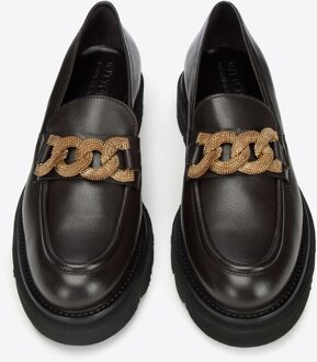 Dames Leren Mocassins met Decoratieve Ketting op Platform Donkerbruin Donker Bruin - EU 40