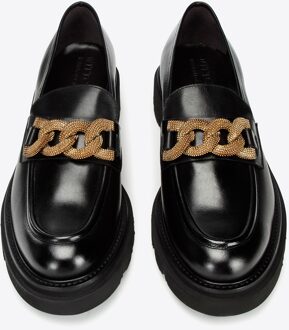 Dames Leren Mocassins met Decoratieve Ketting op Platform Zwart