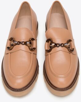 Dames leren mocassins met gesp op platform, beige en bruin - maat