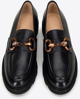 dames leren mocassins met gesp op platform, zwart, natuurlijk leer