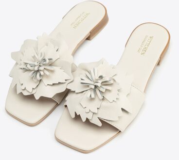 Dames leren pantoffels met decoratieve bloemen, crème, natuurlijk leer