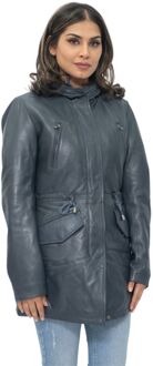 Dames leren parka jas met capuchon-Boekarest - maat EU 52 / UK 24 Navy