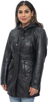 Dames leren parka jas met capuchon-Boekarest Zwart - EU 36 / UK 8