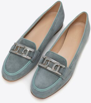 Dames Leren Platte Mocassins Blauw Natuurlijk Leer