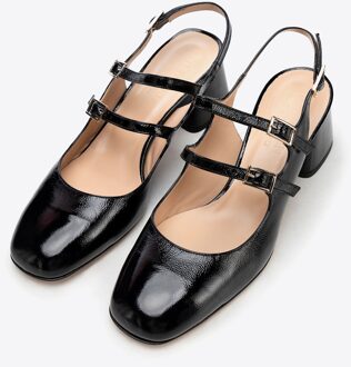 Dames Leren Pumps met Bandjes Zwart Natuurlijk Leer