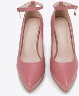 Dames leren pumps met dikke hak, roze, natuurlijk leer