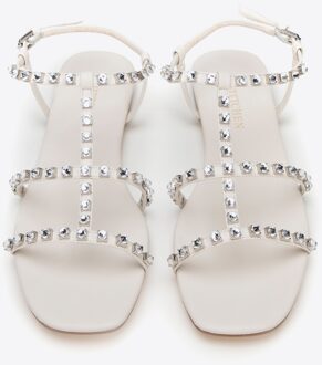 Dames Leren Sandalen met Kristallen, Crème, Natuurlijk Leer - maat