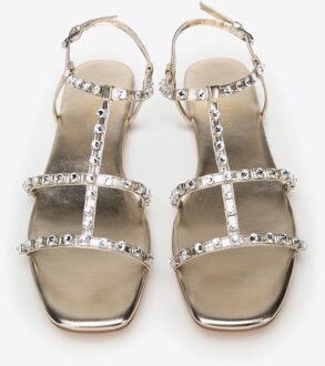 Dames Leren Sandalen met Kristallen, Goud, Natuurlijk Leer - maat