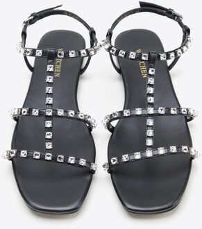 Dames Leren Sandalen met Kristallen Zwart Natuurlijk Leer - EU 38