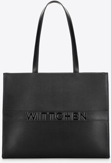 Dames leren shopper met groot logo, zwart, natuurlijk leer