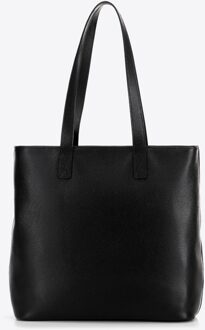 Dames leren shoppertas verticaal zwart met zilveren logo zwart en