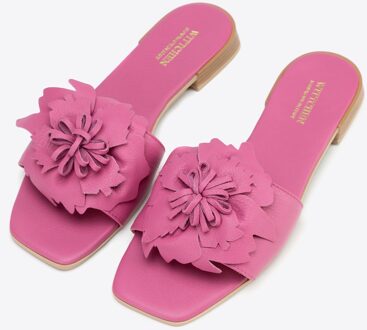 Dames leren slippers met decoratieve roze bloemen, natuurlijk leer