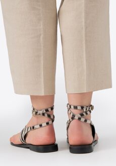 Dames leren slippers met dierenprint, zwart en beige, natuurlijk leer
