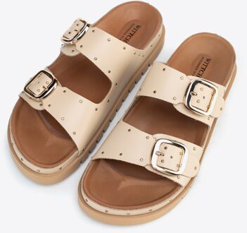 Dames leren slippers met klinknagels, beige, natuurlijk leer - maat