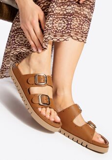 Dames leren slippers met klinknagels bruin natuurlijk leer - maat