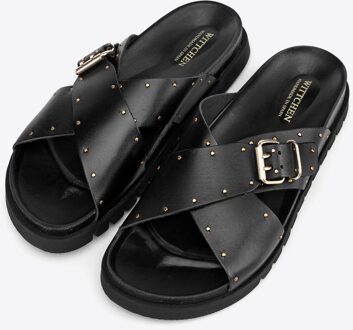 Dames leren slippers met kruisbandjes, zwart, natuurlijk leer - maat