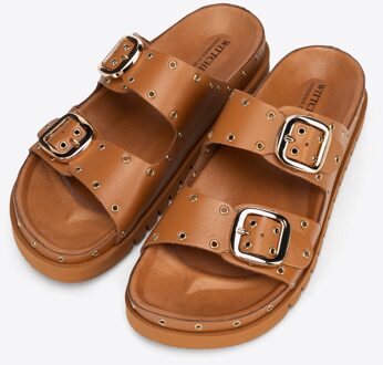 Dames leren slippers met metalen details, bruin natuurlijk leer - maat