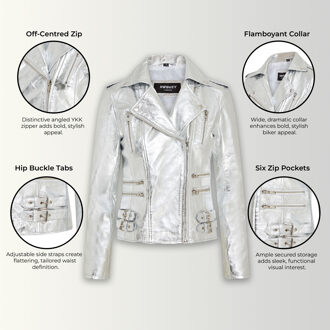 Dames leren zilveren Brando bikerjack - Loddon - EU 42 / UK 14