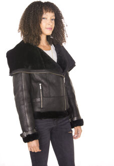 Dames merino schapenvacht pilotenleren jas-Asmara Zwart - EU 40 / UK 12