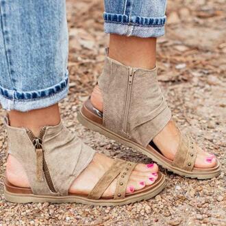 Dames Mode En Comfortabele Casual Canvas Open Teen Dubbele Rits Platte Hak Dagelijks Alle-Wedstrijd Zomer Sandalen 1KB057 39