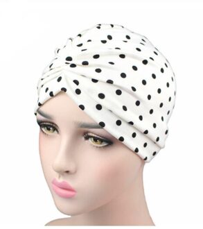 Dames Mode Zijdeachtige Elastische Tulband Dot Print Hoofddoek Hoed Hoed Hoofddeksel Hoofddoek Hoofddoek Hoofddoek Hoofdtooi Hijab wit