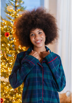 Dames nachthemd lange mouw flanel donkerblauw/groen geruit - maat M Veelkleurig