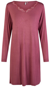Dames nachthemd v-hals met kant lange mouw bamboe viscose effen bordeaux - maat L Rood