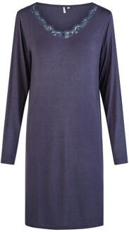 Dames nachthemd v-hals met kant lange mouw bamboe viscose effen donker Blauw - S