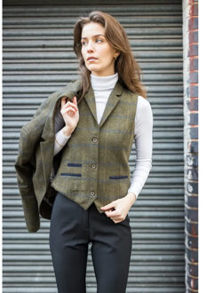 Dames olijfgroen getailleerde tweed gilet met visgraatmotief - maat