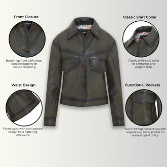 Dames olijfgroen retro leren bikerjack - Kopervik