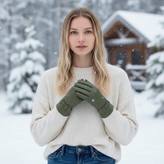 Dames olijfgroene Italiaanse leren winterhandschoenen met zachte wollen voering en strikmotief