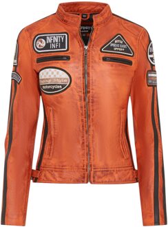 Dames oranje leren bikerjack met racebadges - Agadir
