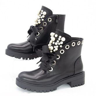 Dames Parel Lace Up Enkellaarsjes Big Size Dames PU Leer Halfhoge Hakken Vrouwen Platform Schoeisel Vrouw Casual Vrouwelijke Naaien Schoenen 8.5