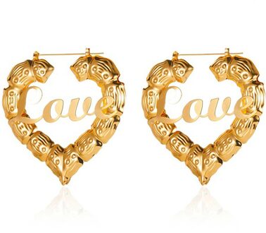 Dames Perzik Hart Brief Oorbellen Retro Overdreven Bamboe Gezamenlijke Liefde Grote Oor Ring Sieraden