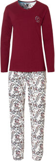 Dames pyjama set lang katoen bordeaux met bloemen print Rood - XL