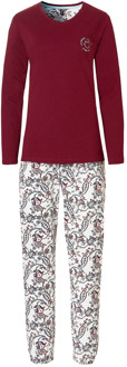 Dames pyjama set lang katoen bordeaux met bloemen print Rood - XXL