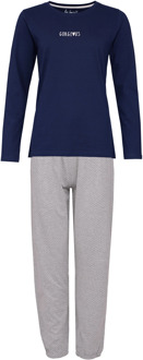 Dames pyjama set lang katoen donkerblauw / grijs gestipt Print / Multi - XL