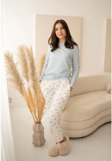 Dames pyjama set lang lichtblauw gestipt - maat XL Ecru