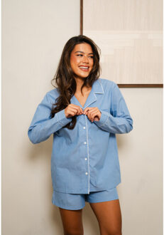 Dames pyjama set short + blouse effen Lichtblauw